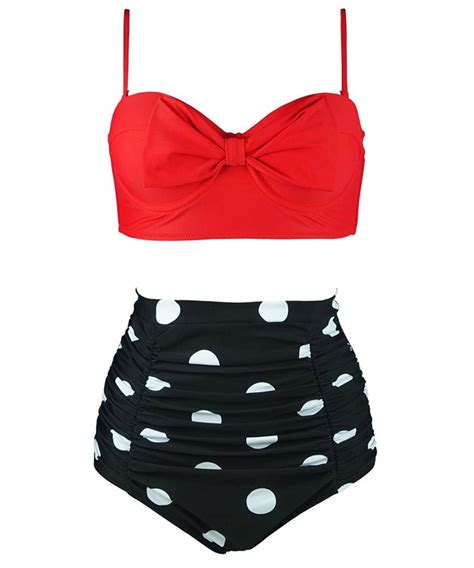 Women S Vintage Stylish Front Bow High Waist Bikini Set Tiered Swimsuit FBA Red CC ZUKOY