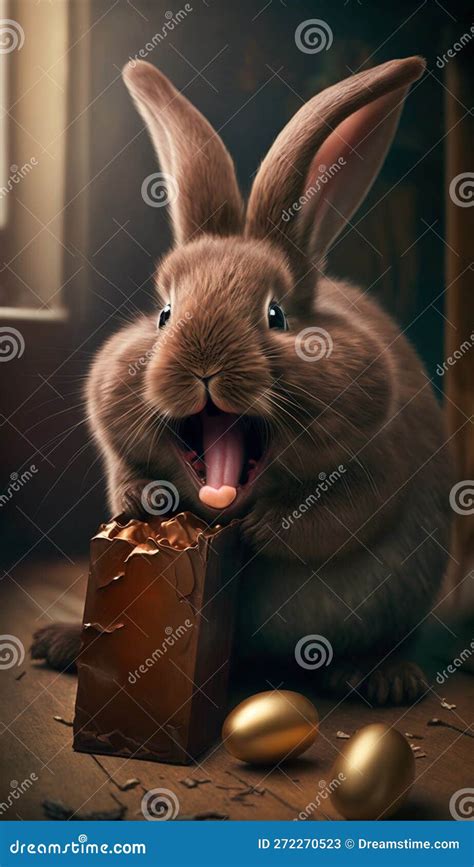 Excited Cute Big Easter Bunny Eating Chocolate Stock Illustration