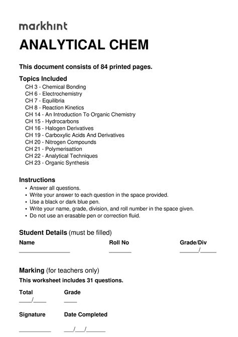 Analytical CHEM ANALYTICAL CHEM This Document Consists Of 84 Printed