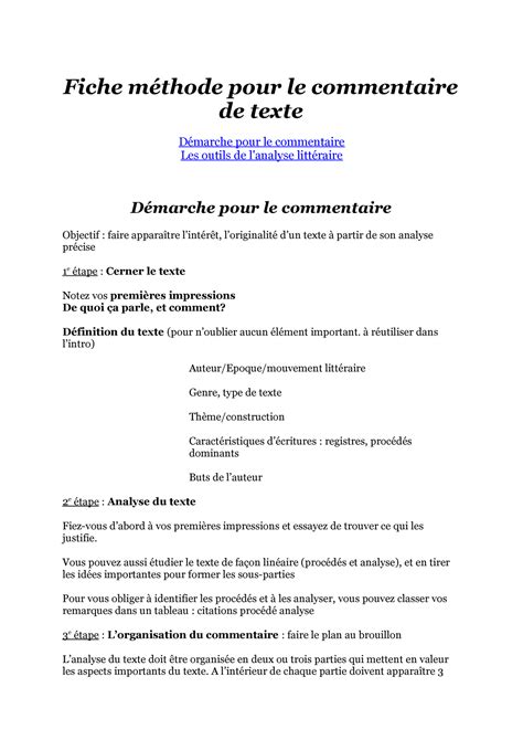 Fiche M Thode Pour Le Commentaire De Texte Fiche M Thode Pour Le