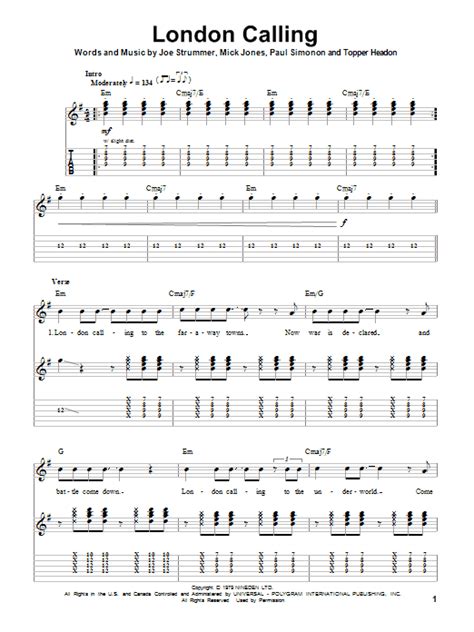 London Calling By The Clash Sheet Music For Guitar Tab Single Guitar