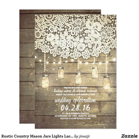 The Rustic Mason Jars And Lace Wedding Card Is Displayed On A Wooden