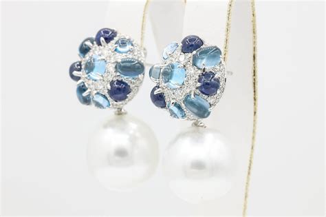 Sapphire And Blue Topaz South Sea Pearl Dangle Drop Earrings For Sale