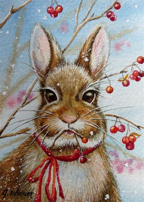 Aceo Limited Edition Print Winter Bunny Rabbit Snow By Jeanweiner 7