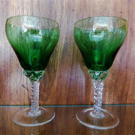 5 Emerald Green Wine Glasses By Sasaki With Flared Shape And Etsy