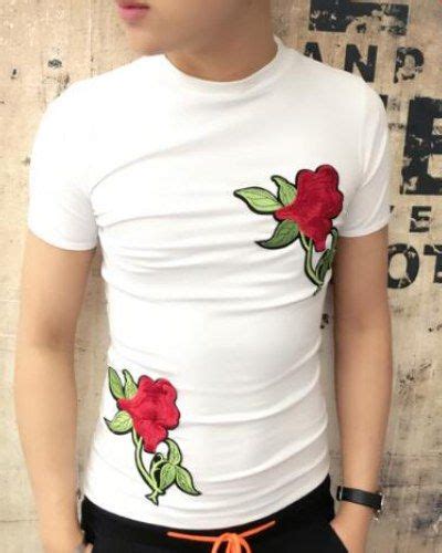 Red Rose Flower Embroidered T Shirts For Teenage Guys Embroidered