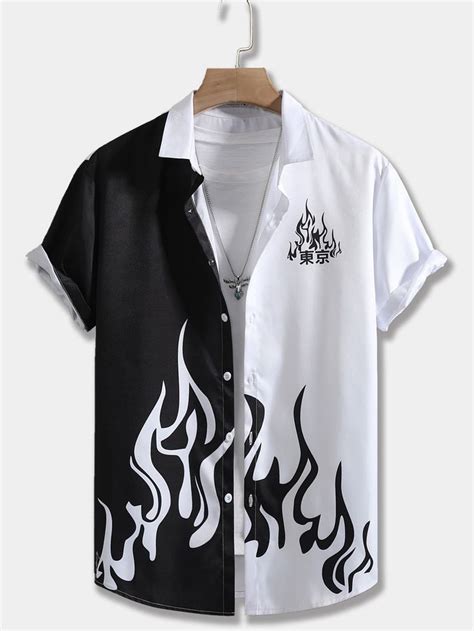 Romwe Street Life Hombres Camisa De Dos Tonos Con Estampado De Fuego Y