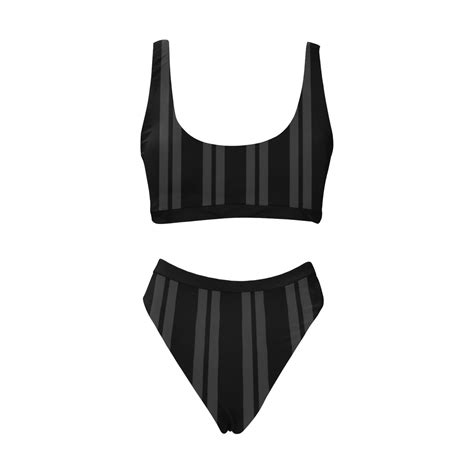 Gray Black Vertical Stripes Sport Top High Waisted Bikini Swimsuit Model S07 ID D2869310