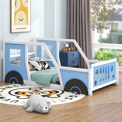 Euroco Car-Shaped Twin Size Wood Platform Bed for Kids’ Bedroom, Solid ...