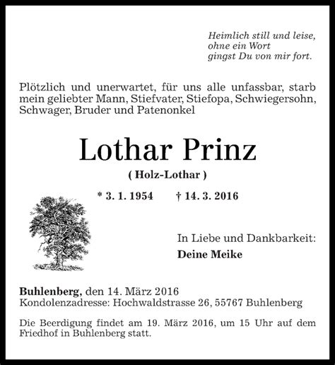 Traueranzeigen Von Lothar Prinz Rz Trauer De