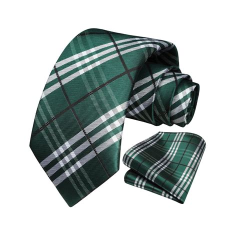 Mens Plaid Tie Handkerchief Set Green Hisdern