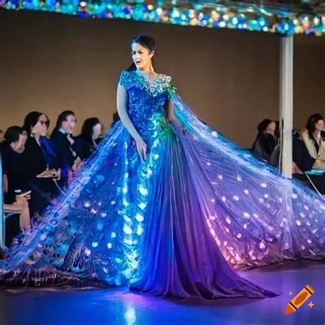 Beautiful Woman In A Luminous Peacock Dress On A Fashion Runway On Craiyon