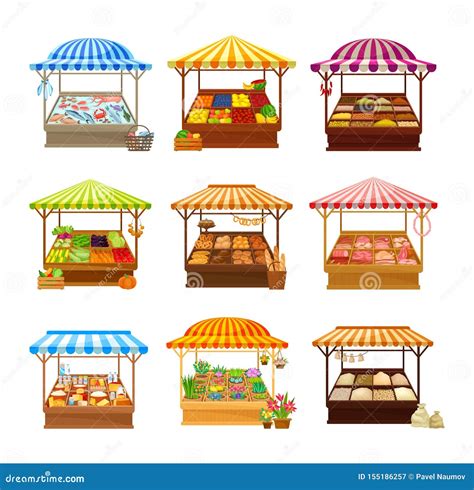 Set Of Street Market Stalls With Various Products Vector Illustration