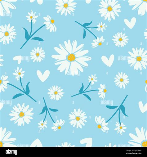 White Daisies On Blue Background Print Floral Daisy Seamless Pattern