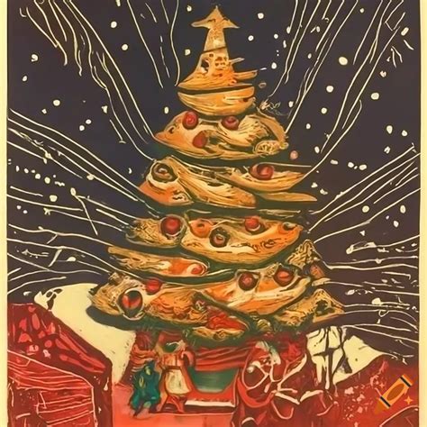 Color Linocut Of A Decorated Christmas Tree In A Winter Wonderland