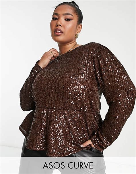 Asos Design Curve Exclusive Sequin Long Sleeve Smock Top In Chocolate