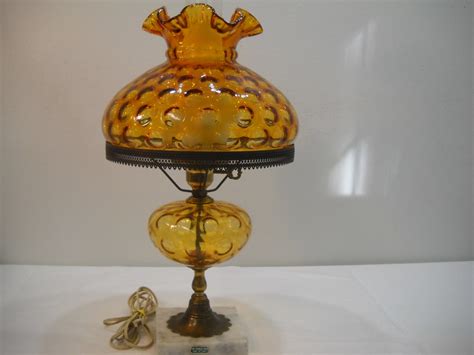 Vintage Amber Bubble Glass Hurricane Glass Lamp With Marble