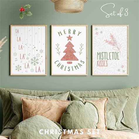 Christmas Wall Art Prints Set Of 3 Green Pink Christmas Decor