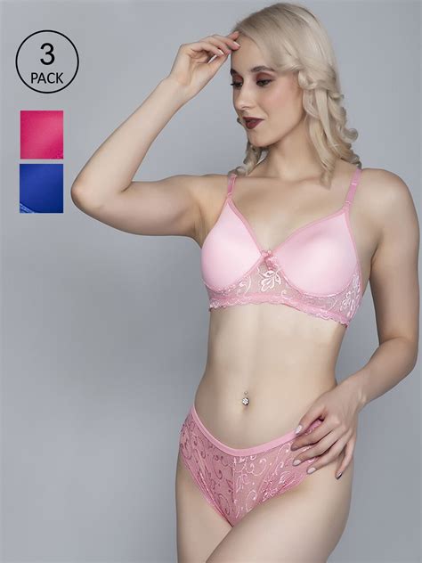 Buy FIMS Women Blue Pink Set Of 3 Lace Cotton Lingerie Set Lingerie Set For Women 20595646