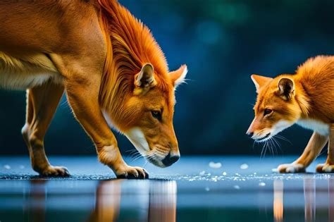 Premium Photo | A dog and a fox are playing with their reflection