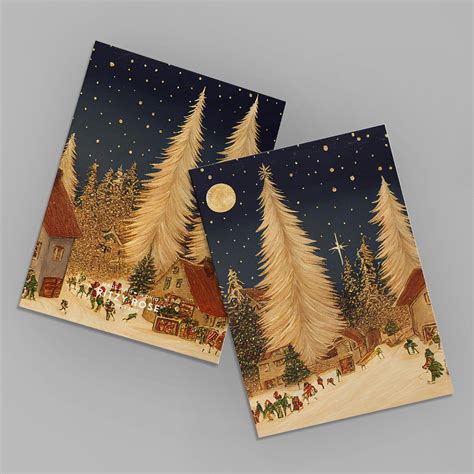 24 Nostalgic Snowy Christmas Village Cards in 4 Traditional Illustrati ...