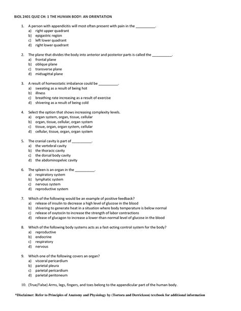 BIOL 2401 QUIZ Chapter 1 - *Disclaimer: Refer to Principles of Anatomy