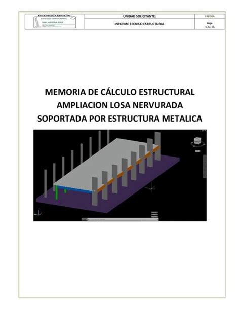 Memoria De Calculo Estructural Losa Nervurada Soportada Por Estructura Metalica Hormigón