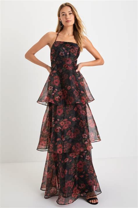 Black Floral Gown Tiered Organza Gown Lace Up Maxi Dress Lulus