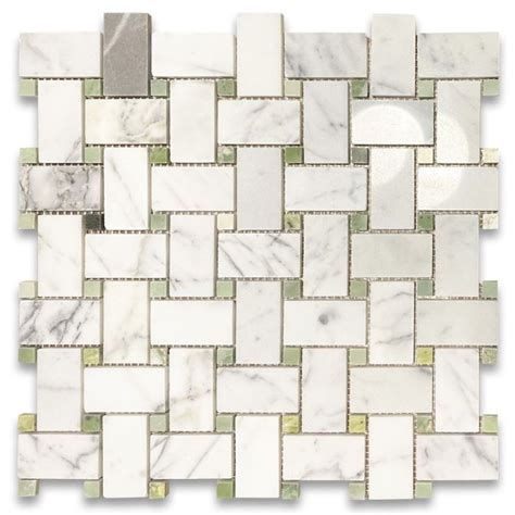 Calacatta Gold Marble X Basketweave Mosaic Tile W Green Jade Dots