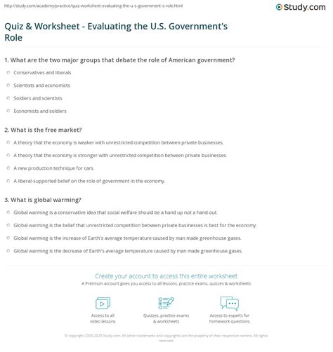 Quiz And Worksheet Evaluating The Us Governments Role