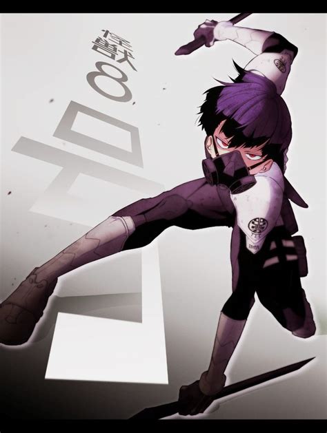 An Anime Character With Purple Hair And Black Pants Is Doing A Trick On