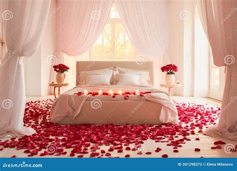 Beautiful Bedroom with Big Bed Covered with Rose Petals, Flowers and ...