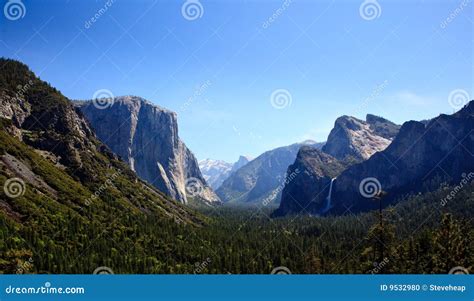 Yosemite Valley with Waterfalls Stock Photo - Image of meadow, blue ...