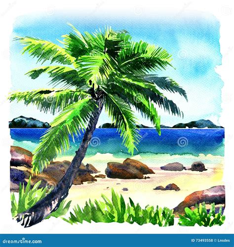 Beautiful Tropical Beach With Palm Tree Seascape Panorama Watercolor