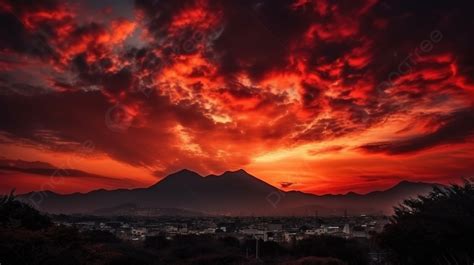 Fundo C U De Cor Vermelha E Nuvens Cobrem Uma Cidade E Montanhas Fundo