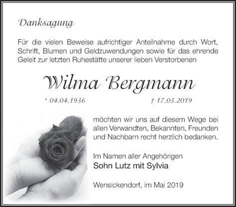 Traueranzeigen von Wilma Bergmann Märkische Onlinezeitung Trauerportal