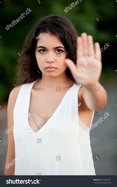 Serious Brunette Girl Making Stop Sign Stock Photo Shutterstock