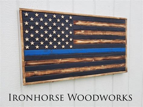 Blue Line Rustic Wood Flag Blue Line Wooden Flag Rustic Wood Etsy