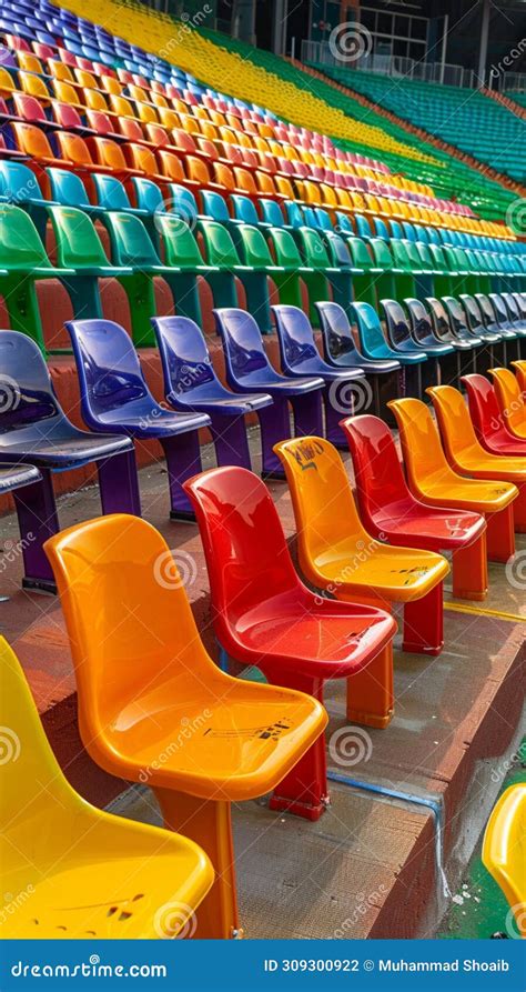 Stadium Grandstand Adorned With Colorful Rows Of Plastic Seating