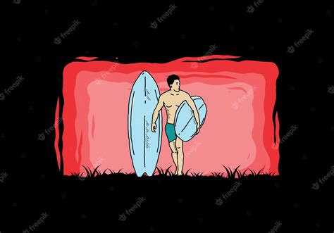 Premium Vector The Shirtless Man Holding Surfboard Illustration