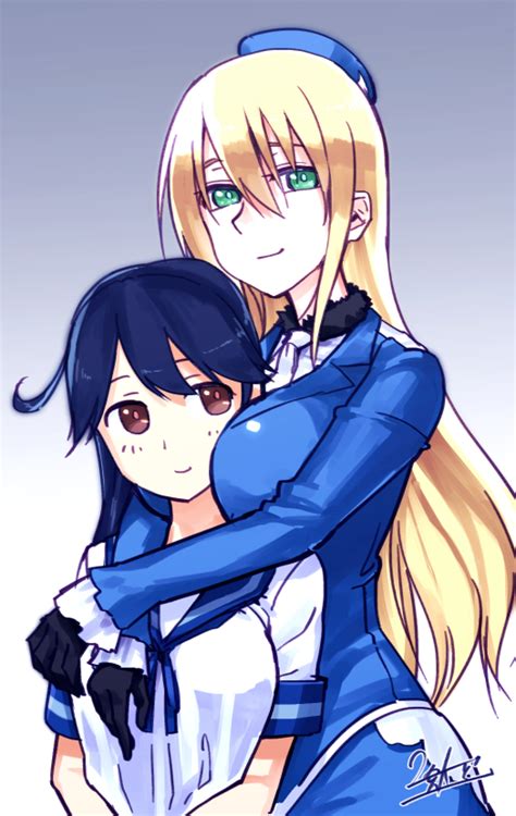 Safebooru 2girls Ahoge Atago Kantai Collection Beret Between Breasts Black Gloves Black Hair