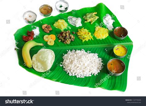 16 Onam Feast On Banana Leaf Isolated On White South Indian Vegetarian Meal Served Banana Leaf ...