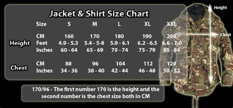 military army size chart information in CM