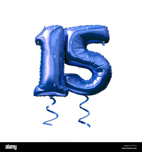 Number 15 blue foil helium balloon isolated on a white background. 3D ...