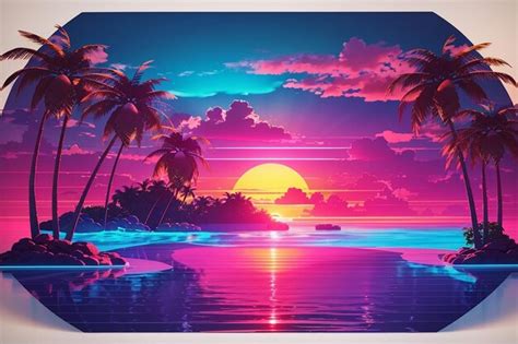 Coucher De Soleil Tropical 3d Avec île Et Palmiers Océan Et Soleil Néon