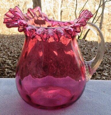 Vintage Hand Blown Cranberry Glass LG Coin Dot Or Thumbprint Ruffled