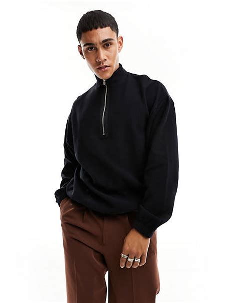 Asos Design Oversized Half Zip Sweatshirt In Ribbed Fabric In Black Asos