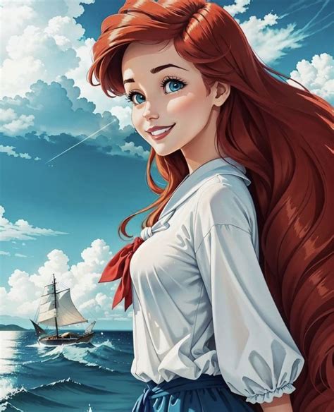 Ariel From The Little Mermaid With Long Red Hair And Blue Eyes Standing In Front Of An Ocean