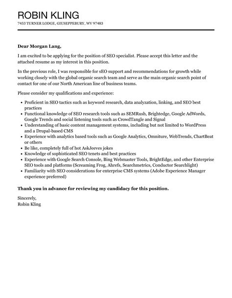 Seo Specialist Cover Letter Velvet Jobs