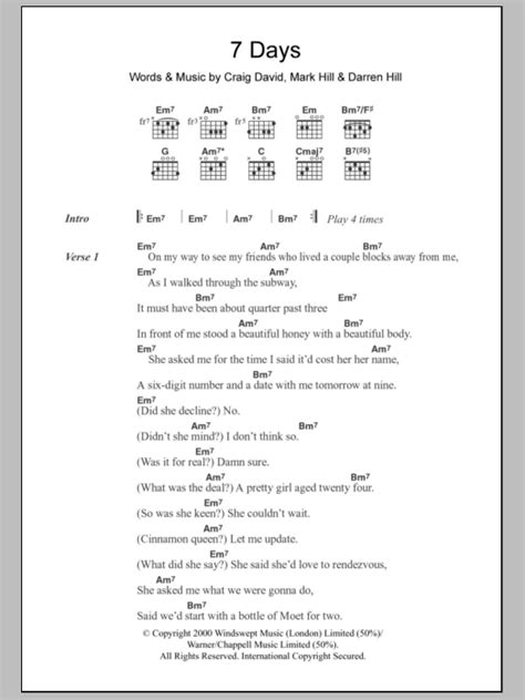 7 Days By Craig David Sheet Music For Guitar Chords Lyrics At Sheet Music Direct